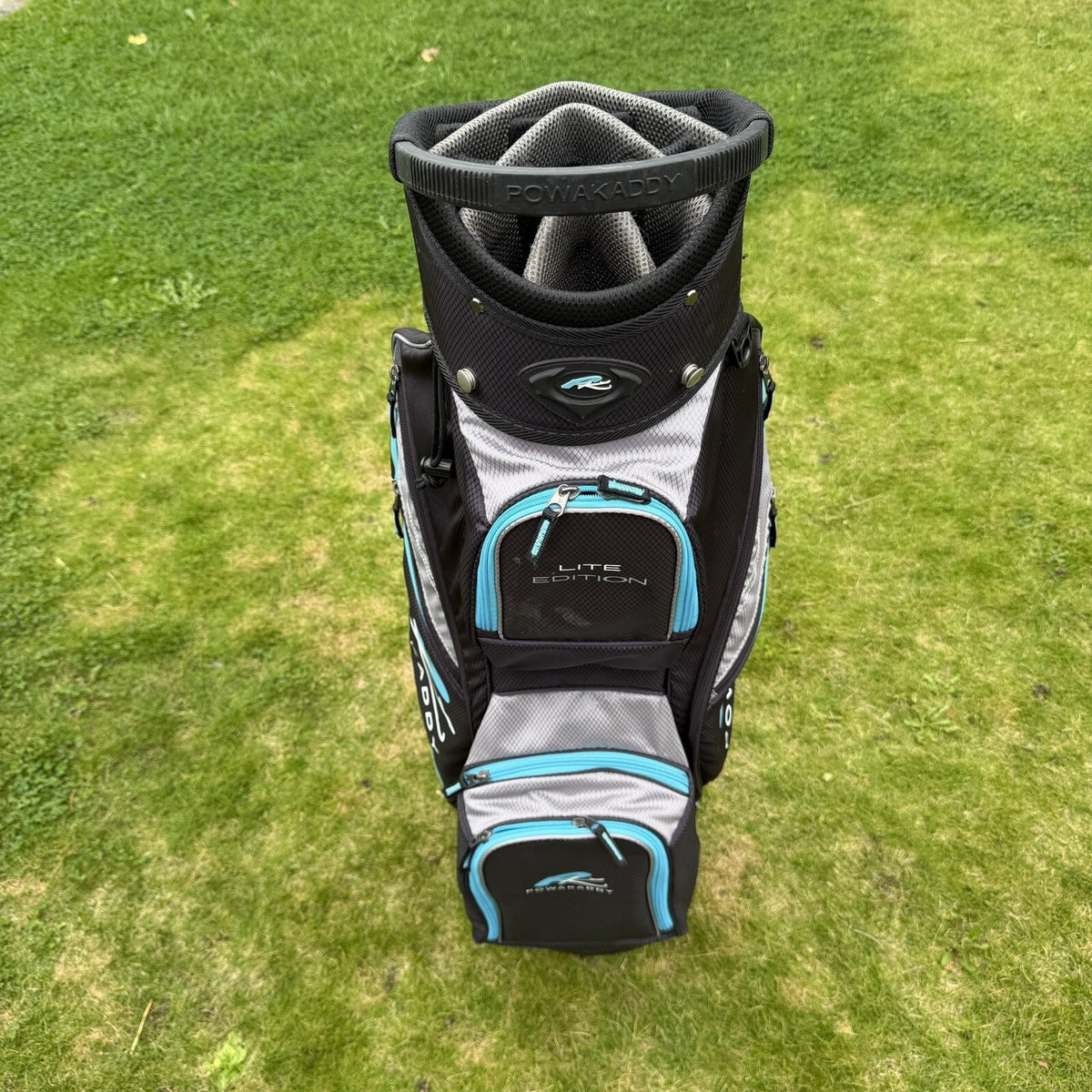 POWAKADDY LITE EDITION GOLF TROLLEY/CART BAG / 14 Way Divide Black/Blue / GOOD