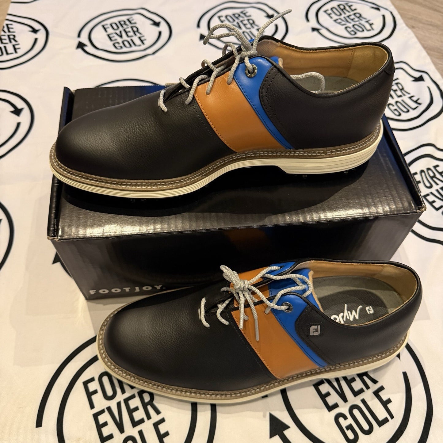 FOOTJOY MYJOYS PREMIER GOLF SHOES / Mens UK Size 8.5 / Black,Orange,Blue