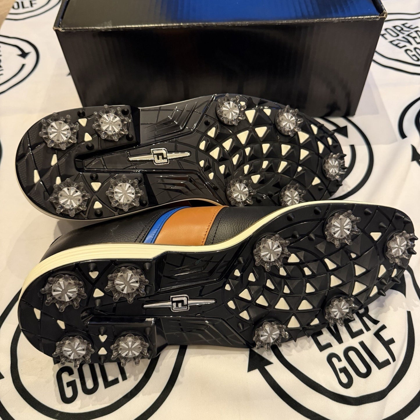 FOOTJOY MYJOYS PREMIER GOLF SHOES / Mens UK Size 8.5 / Black,Orange,Blue