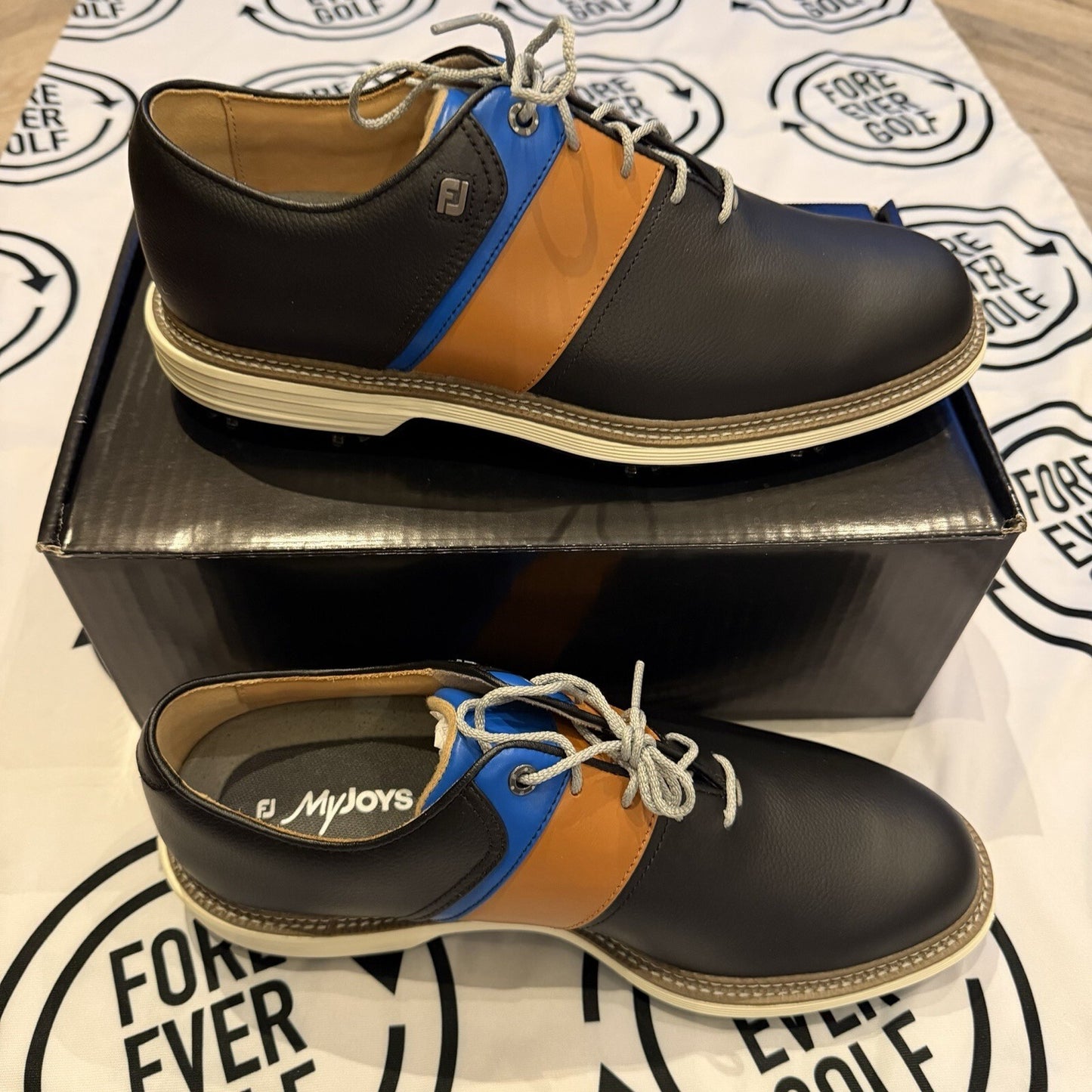 FOOTJOY MYJOYS PREMIER GOLF SHOES / Mens UK Size 8.5 / Black,Orange,Blue